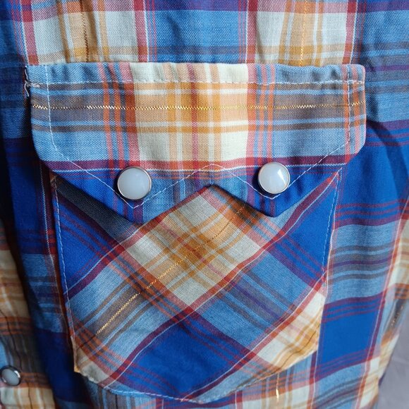Large Vintage Western Shirt Mens Shiny Gold Plaid Ultra Thin 16.5 34 Dee Cee 80s - Picture 5 of 10